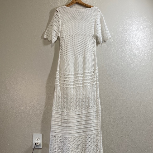 Solitaire Short Sleeve Crochet Maxi Dress Beachy Boho Angelcore Resortwear sz M - Picture 9 of 13